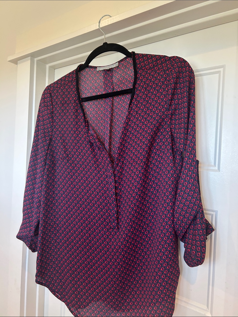 Daniel Rainn Geometric V-Neck Roll-Tab Blouse — Pink and Navy